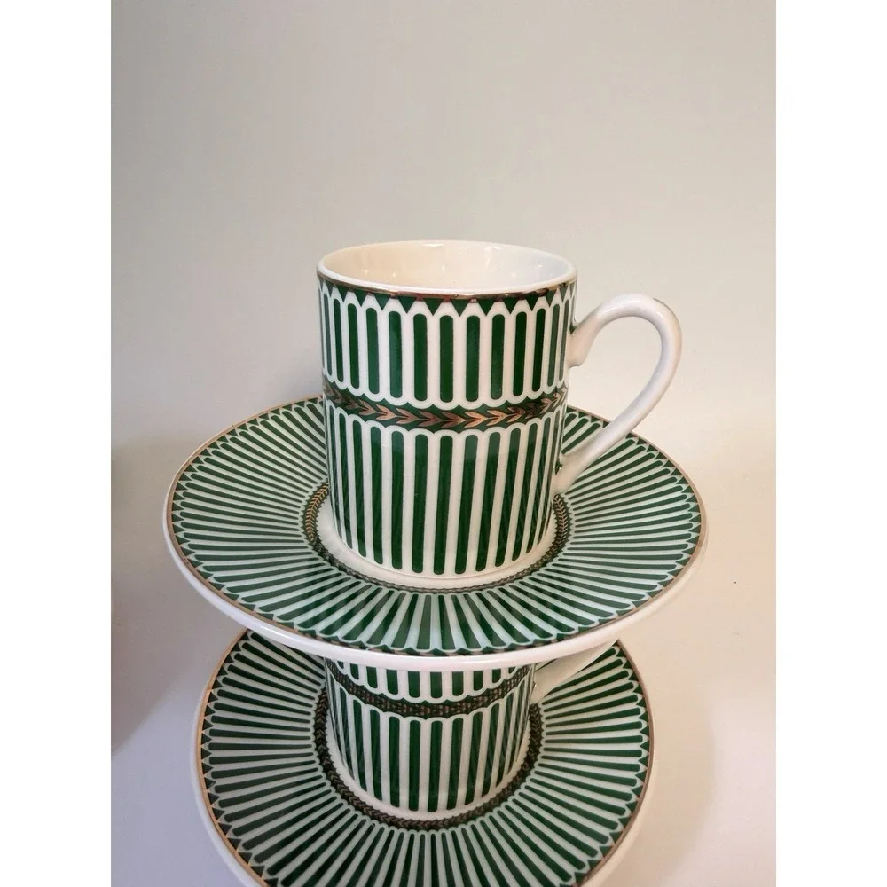 Grace Teaware Espresso Coffee Set 4 Cups & Saucers Green White Stripe New in Box